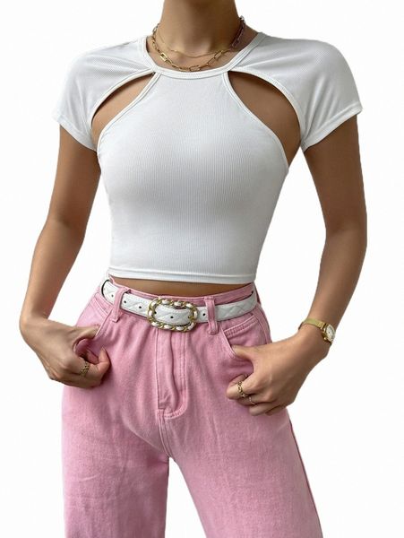 

women's t-shirt open back rib-knit crop tee 2022 new l5ml#, White