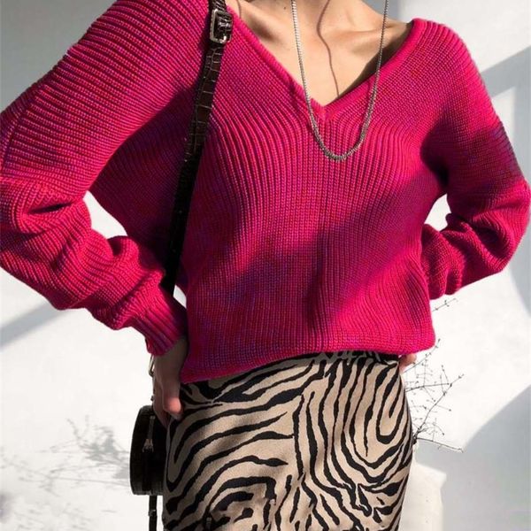 

women's sweater's sweater solid long sleeve loose knitted sweater pullover women v neck autumn winter rose red fashion women sweat, White;black