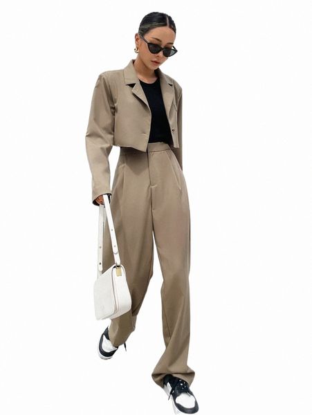

two piece dress dazy solid single button crop blazer & tailored pants j0nt#, White
