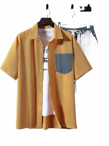 

men's tracksuits men pocket patched shirt & drawstring waist shorts e67s#, Gray