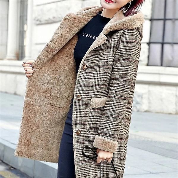 

women's wool blends women's plaid wool coat thic velvet thickened warm mid-length jackets hooded warm woolen coat ladies winter ja, Black