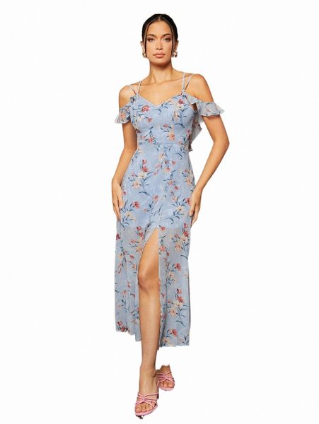 

casual dresses floral print cold shoulder crisscross back slit thigh chiffon dress q0kz#, Black;gray