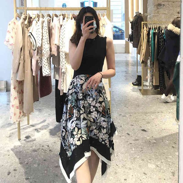 

casual dresses french  family minority sleeve less stitching waist forest plant element print dress, Black;gray