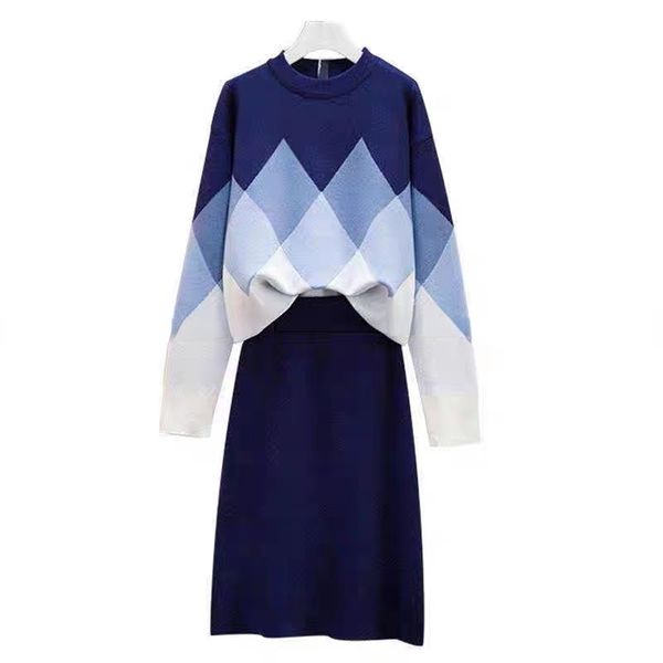 

two piece dress french fashion knitted skirt sets women elegant cotrast color long sleeve pullover sweater slim skirts two piece set 220906, White