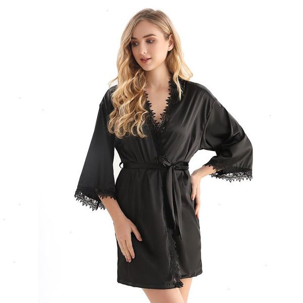 

women mini kimono sleepwear robe half sleeve lingerie homewear bathrobe, Black;red