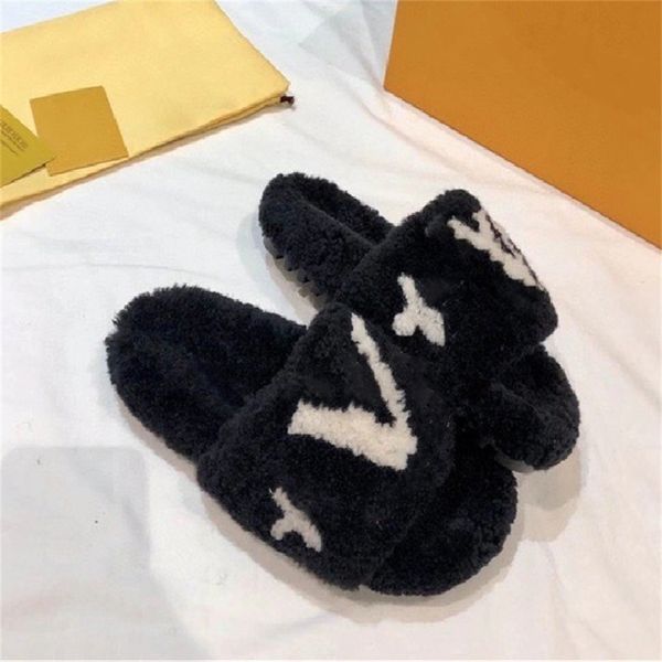 

slippers slide women shoes brand shoe wool slippers anti slip thick soled designer womens sandal 2022 new letter wool belt box, Black