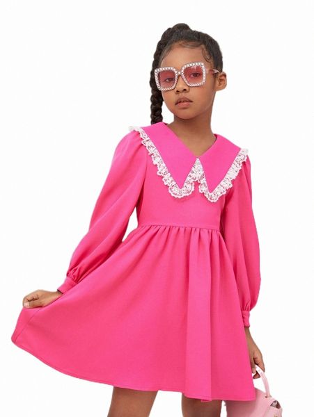 

others apparel girls contrast lace trim lantern sleeve dress n72y#, Black;white