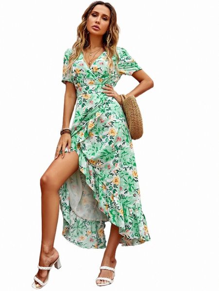 

casual dresses allover floral print ruffle trim wrap dress l92w#, Black;gray