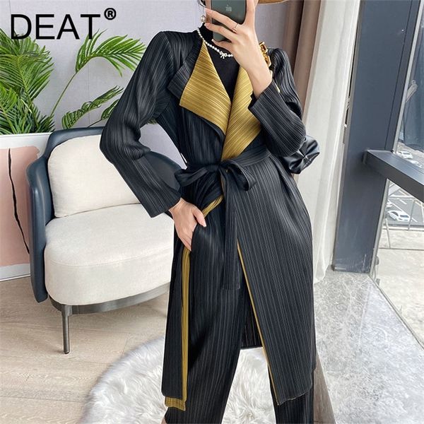 

women's trench coats deat women pleated windbreaker color block lapel full sleeve with sashes high street style jackets autumn fashion, Tan;black