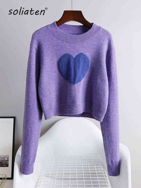 

women's sweaters 2022 fall winter candy girly trui paars gebreide leuke crop hart patchwork koreaanse leuke losse korte trui b-143 t220, White;black