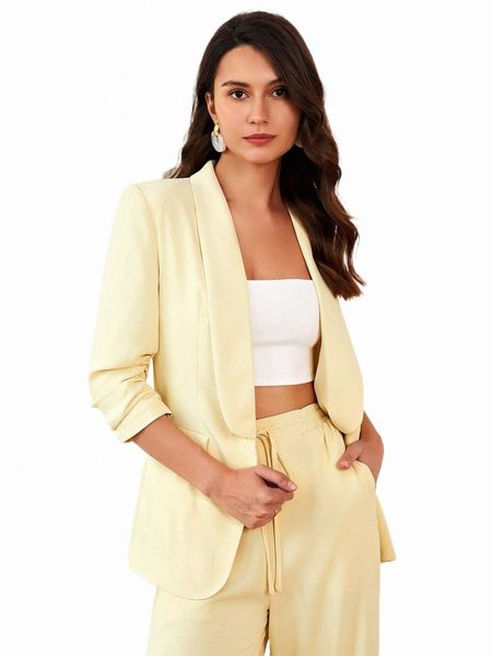 

women's two piece pants shawl collar ruched sleeve blazer 39bu#, White
