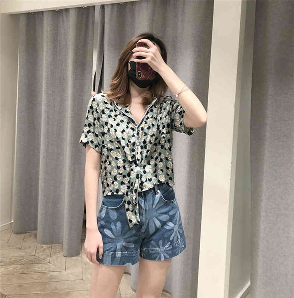 

women's blouses shirts fadan s's spring and summer women's wear daisy contrast color bordered knot pajama style shirt, White