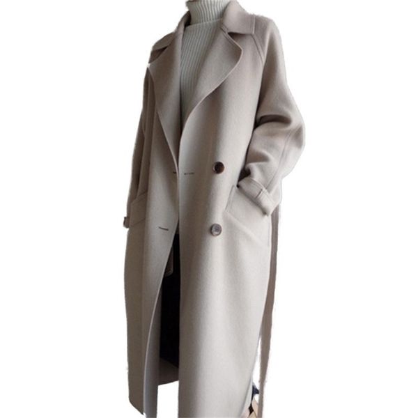 

women's wool blends autumn winter women woolen coat large size loose woolen coats double-breasted cashmere woolen long overcoat female, Black