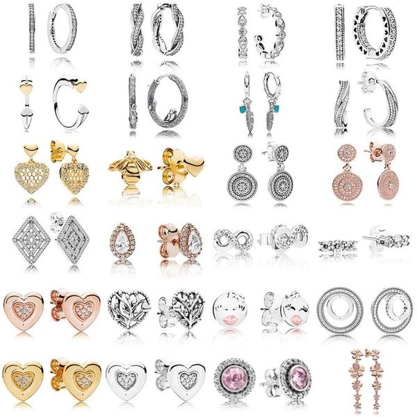 

new 100% 925 sterling silver pandora earrings glittering heart signature round eardrop rose gold ear studs charm fit original dang340h296i, Golden;silver