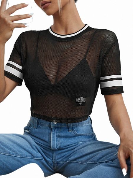 

women's t-shirt striped trim letter patched sheer mesh h17m#, White