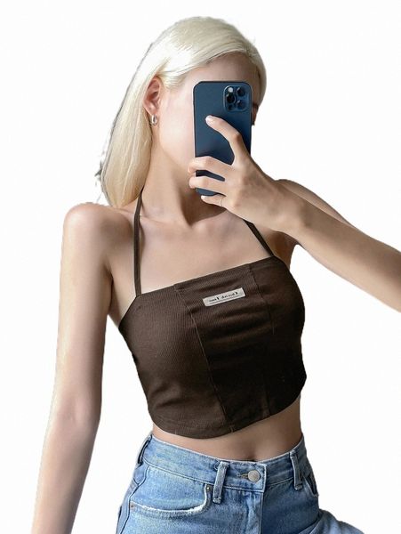 

women's tanks & camis dazy letter patch detail backless crop halter b8cc#, White