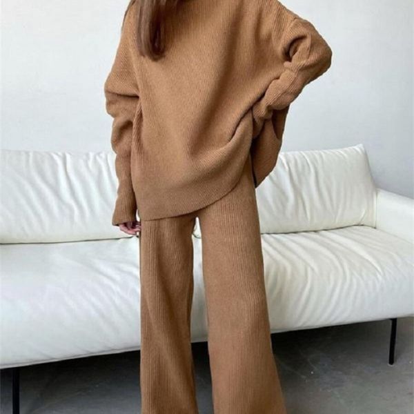 

womens two piece pants autumn and winter long sleeved wide leg pants fashion loose high collar knitted casual womens twopiece set womens sui, White