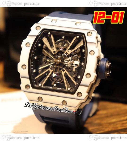 

2022 12-01 miyota automatic mens watch ntpt white carbon fiber case black skeleton dial big date gray rubber strap 4 styles watches puretime, Slivery;brown