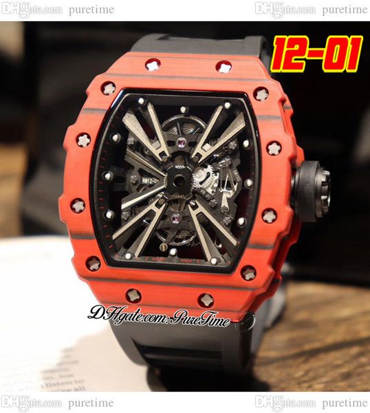 

2022 12-01 miyota automatic mens watch ntpt red carbon fiber case skeleton dial big date black rubber strap 4 styles watches puretime b2, Slivery;brown