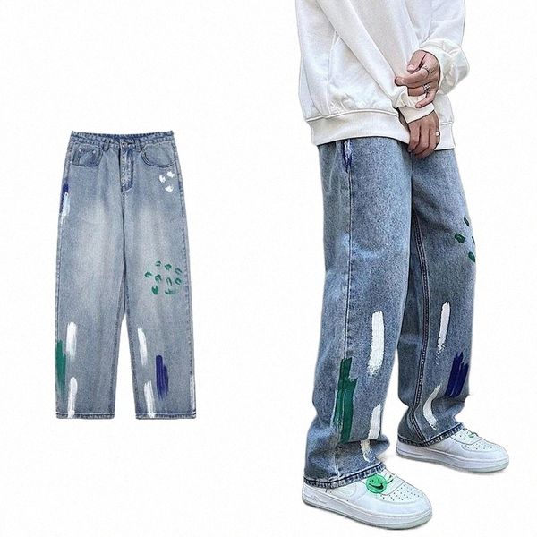 

men's pants men's pants high street hip hop paint graffiti retro jean men harajuku casual loose straight wide leg personality deni, Black