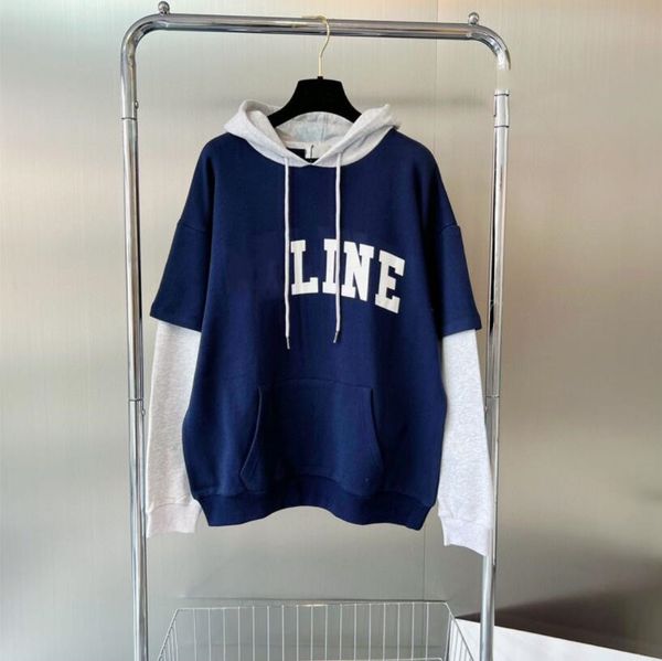 

classic women's hoodie fake two hoodies hoodie pullover and color patchwork sleeves, Black