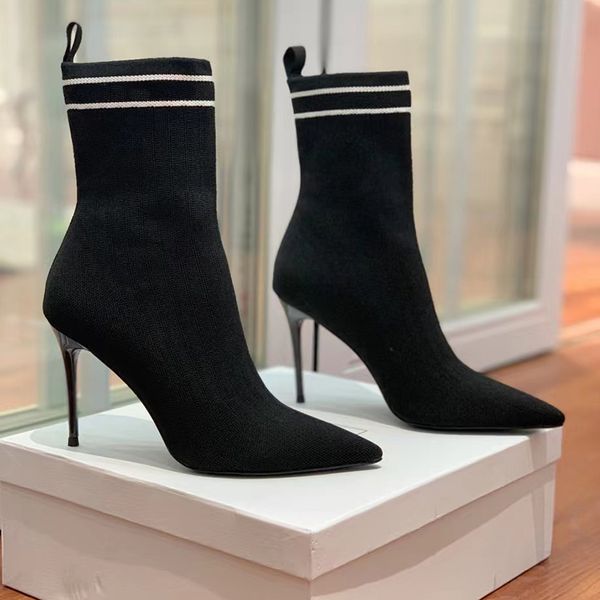 

knitting elasticity ankle boots fashion designer printing mixed colors sock shoes stretch boot half stiletto booty 10.5cm high heel womens b, Black