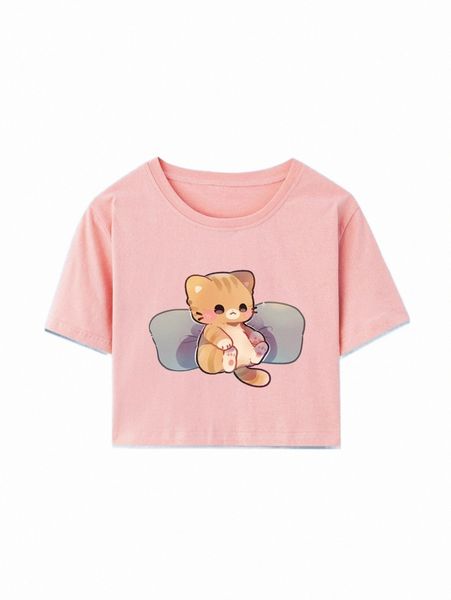 

women's t-shirt romwe x cremechii cartoon graphic crop tee 53zm#, White