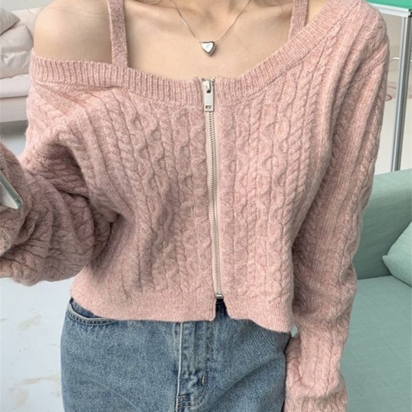 

women's sweaters kimutomo vintage loose solid off shoulder zipper sweater woman simple hollow out long sleeves twist versatile short ca, White;black