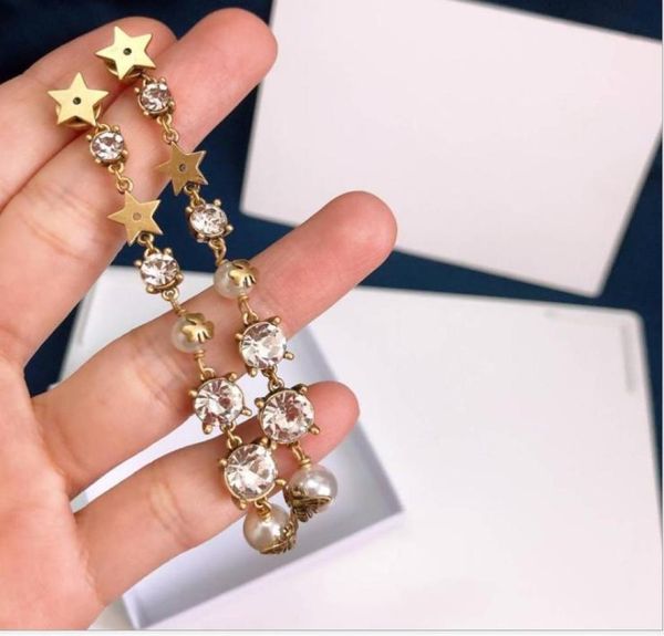 

new pentagram pearl long tassel earrings retro earrings star rhinestone, Golden;silver