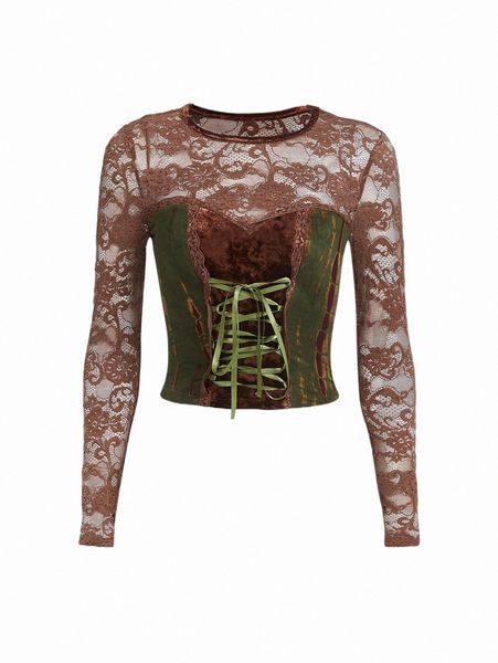 

women's t-shirt criss cross tie front contrast lace x4jv#, White