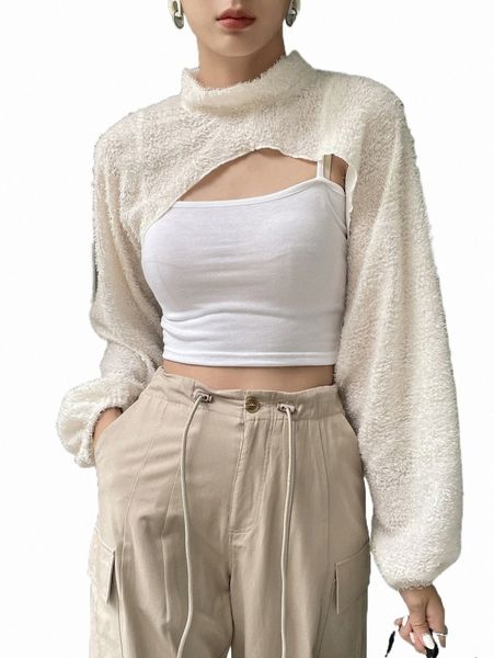 

women's t-shirt dazy mock neck lantern sleeve super crop l1ns#, White