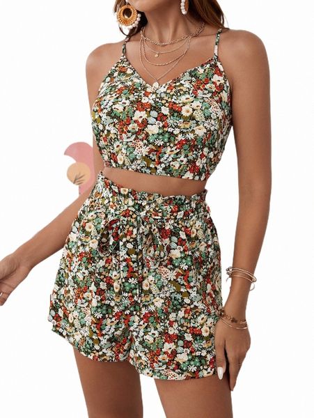 

two piece dress ditsy floral cami & paperbag waist belted shorts f8pq#, White