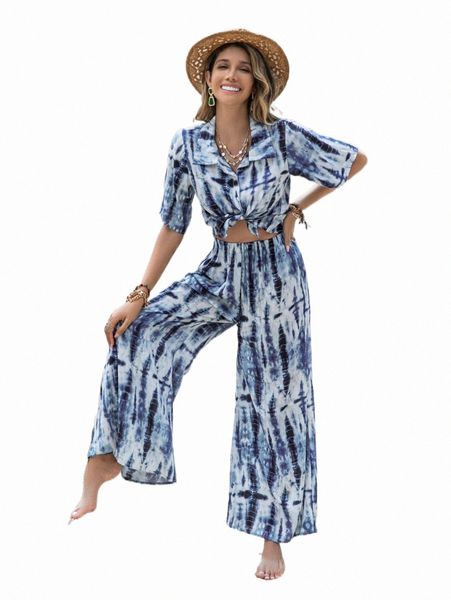 

two piece dress rusttydustty tie dye crop shirt & pants s95y#, White