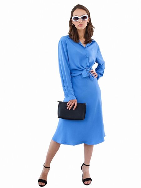 

two piece dress solid button through shirt & skirt set d1wa#, White