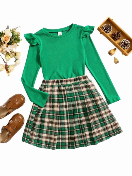 

others apparel girls ribbed knit tee & plaid pleated skirt v9aw#, Black;white