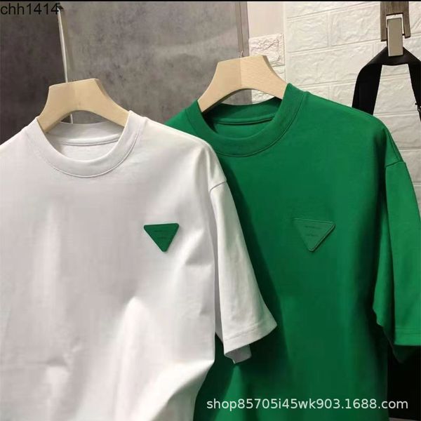 

2022ss spring and summer new tee green short sleeve botvegas venetas splicing triangle leather label pure cotton loose couple t-shirt tide b, White;black