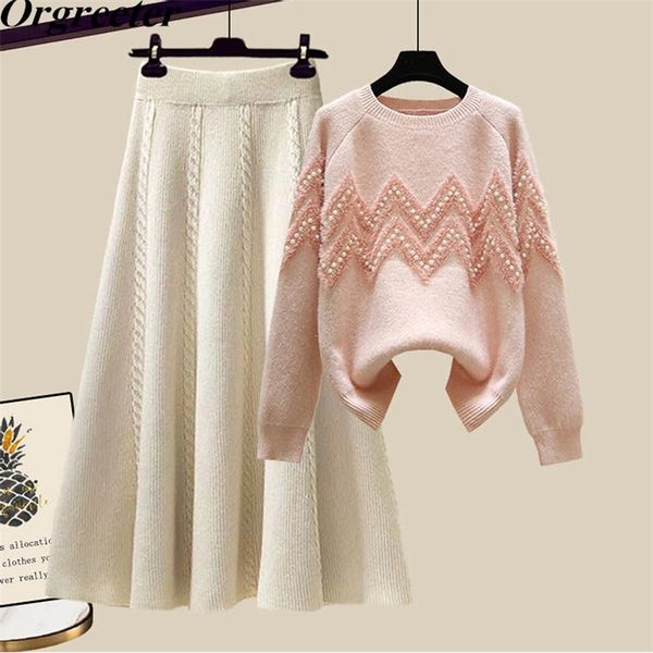 

two piece dress autum winter warm sweater skirt sets knitted suit women fashion beaded pullovers long aline skirts two piece outfit 220906, White