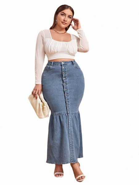 

skirts plus high waist button front mermaid hem denim skirt d5e4#, Black