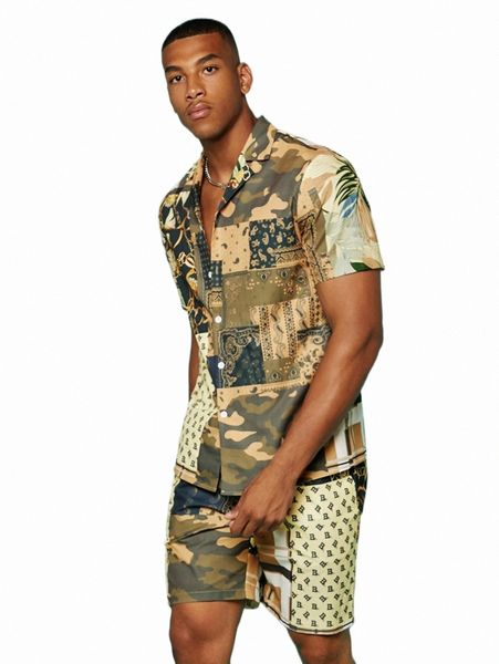 

men's tracksuits men chain print shirt & drawstring waist shorts e1tk#, Gray