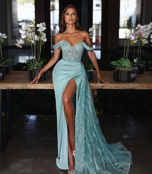 

mermaid long evening dresses off the shoulder sequined beaded side split prom gown with train females robes de soiree, Black;red
