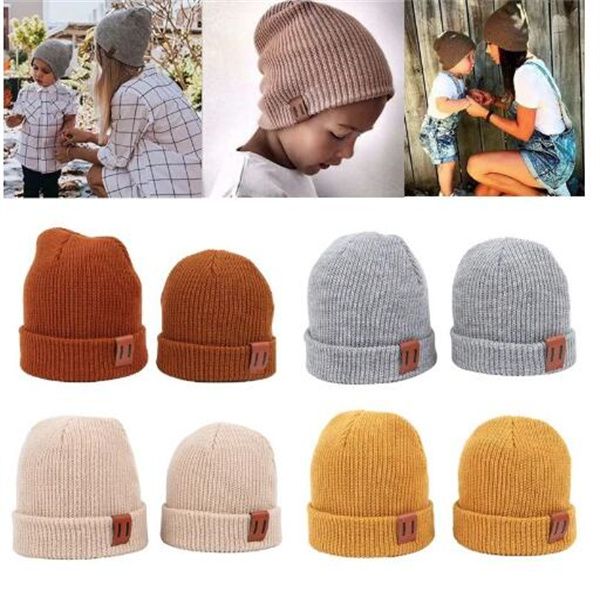 

baby knit hat for boys girls autumn winter warm kids beanie children parent-child hats newborn baby cap with leather label gc1569, Yellow