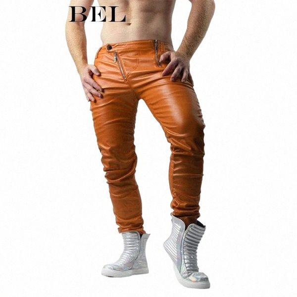 

men's pants motorcycle faux pu leather male trousers streetwear pants men fashion zipper punk casual skinny men's g7f3#, Black