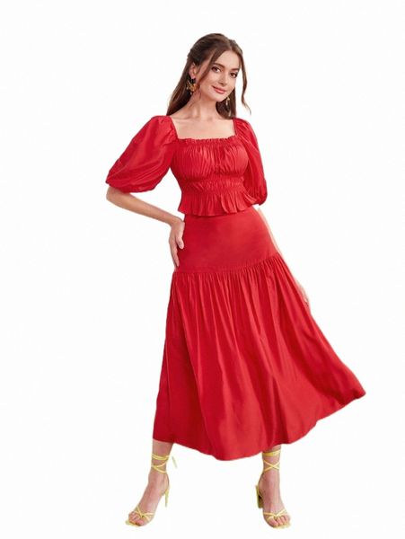 

two piece dress puff sleeve ruffle trim & skirt set y4kd#, White