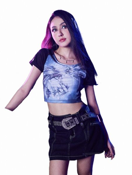 

women's t-shirt romwe cyber luvr colorblock graphic crop tee j9eb#, White