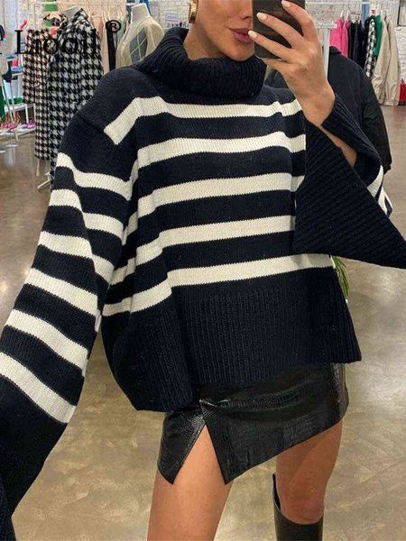 

women's sweaters liooil gestreepte gebreide geribbelde trui baggy vrouwen trui vrouwelijke jumper coltrui streetwear herfst knitwear l, White;black