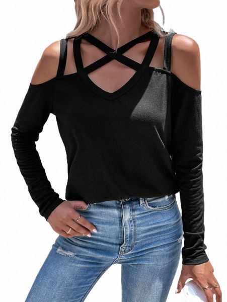 

women's t-shirt cold shoulder crisscross front tee k3bb#, White