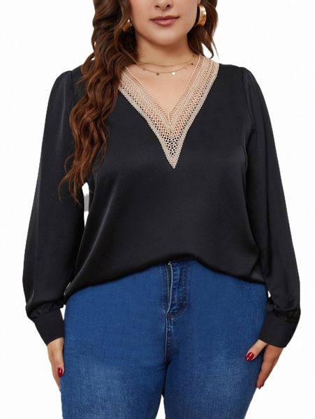 

plus size t-shirt plus contrast guipure lace v neck blouse q6ae#, Black