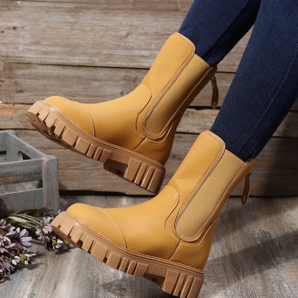 

women boot ankle zipper platform square toe women's heels chunky punk goth shoe short autumn winter female pu ladies fashion modern cas, Black
