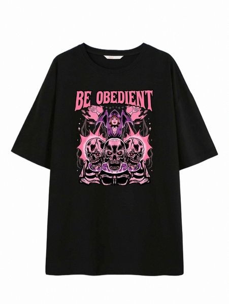 

women's t-shirt romwe x unlogicstudio letter skull print tee a2yn#, White