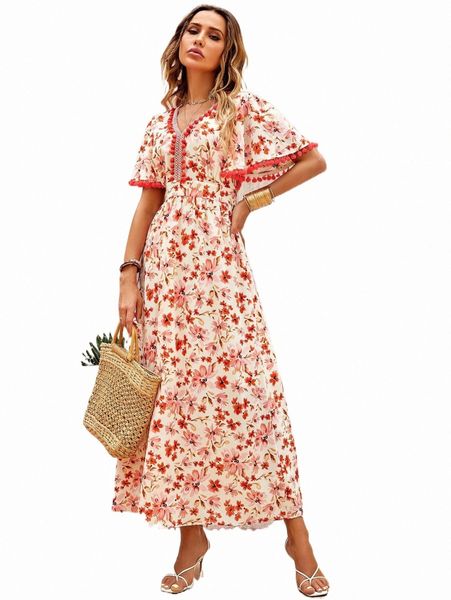 

casual dresses pompom trim allover floral print a-line dress j9u8#, Black;gray